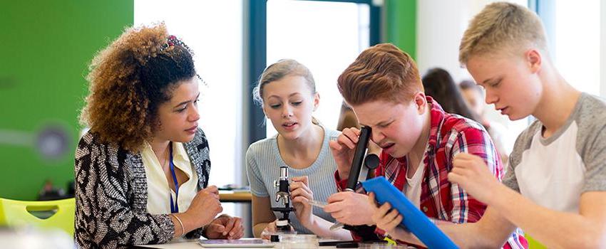 Four people working together in a lab